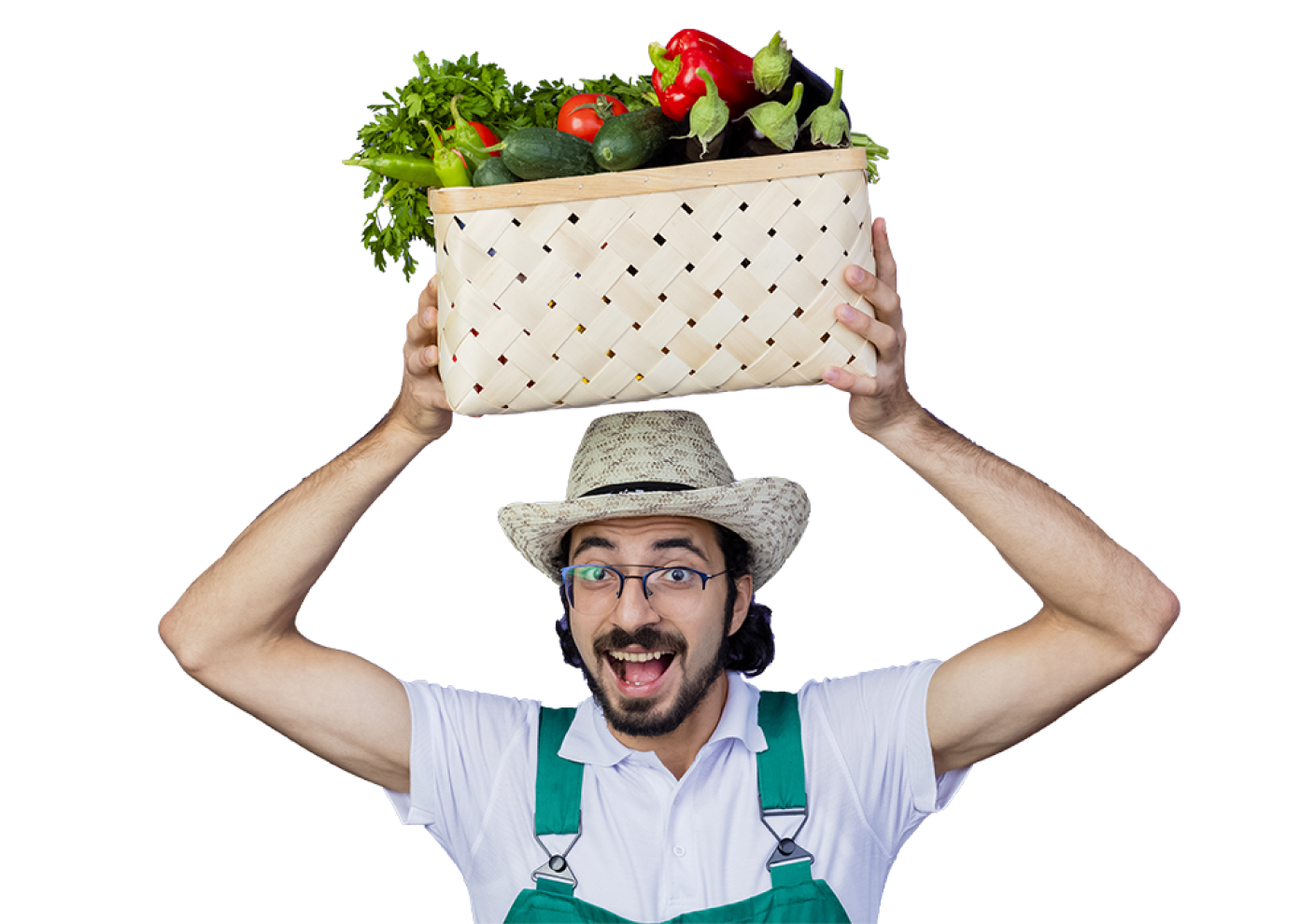 smiling man holding basket of fruit and vegetables over his head
